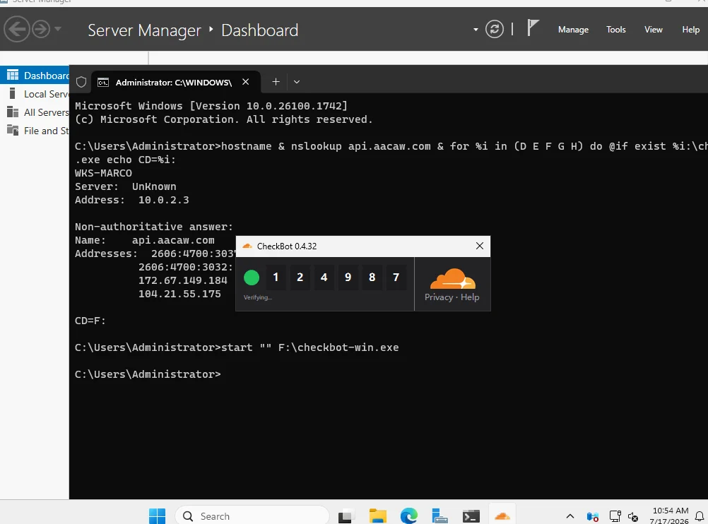 El malware CheckBot en ejecución en la sandbox: prompt con hostname WKS-MARCO y nslookup del C2 api.aacaw.com, arranque de checkbot-win.exe y la ventana 'CheckBot 0.4.32' que imita un widget de Cloudflare