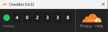 La ventana del malware "CheckBot 0.4.32" muestra un falso widget de Cloudflare con un código de seis cifras generado por el programa recién ejecutado